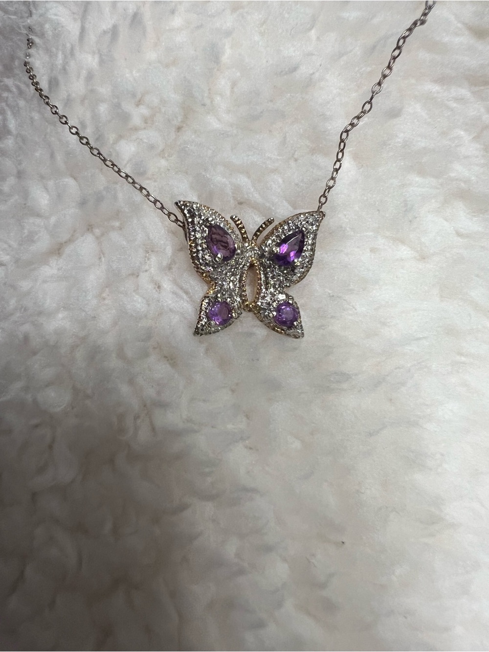 Vintage Gold Over 925 Sterling Silver Amethyst Butterfly Pendant Necklace